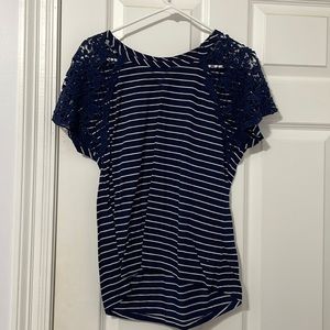 Lace sleeve navel blue and white striped top
